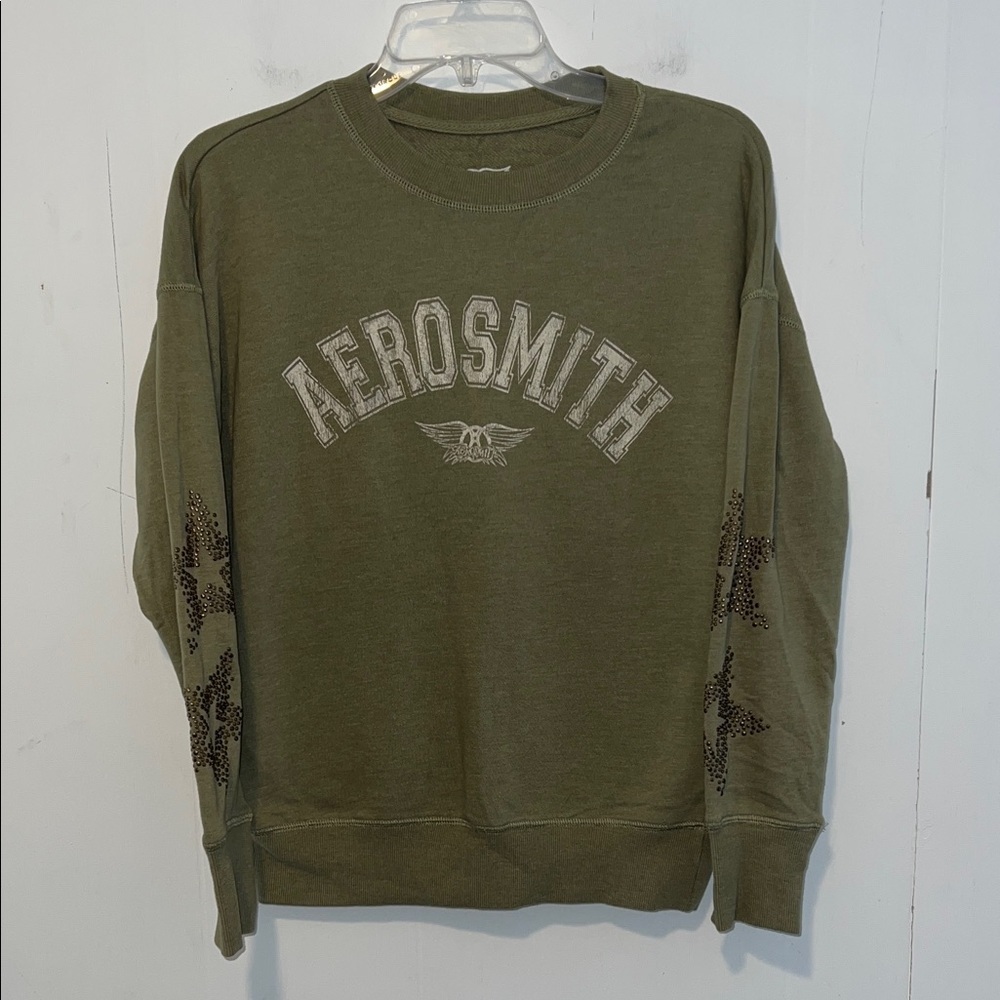 Aerosmith Olive Women's Long Sleeve Sweatshirt with Studded Stars 0317267